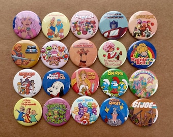 80s Retro Cartoon Button Pins or Magnest: Fraggle Rock, Rainbow Brite, He-Man, She-Ra, Teddy Ruxpin, My Little Pony, Pound Puppies