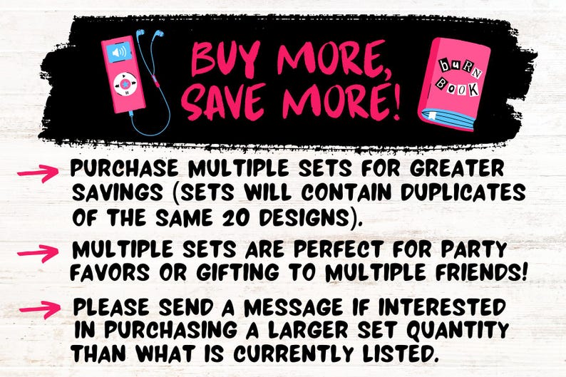 Op de afbeelding: Roze MP3-speler met koptelefoon en een roze boek met de tekst "burn book" op een witte achtergrond. De tekst "BUY MORE, SAVE MORE!" wordt in het roze weergegeven. Extra tekst geeft details over het kopen van meerdere sets.