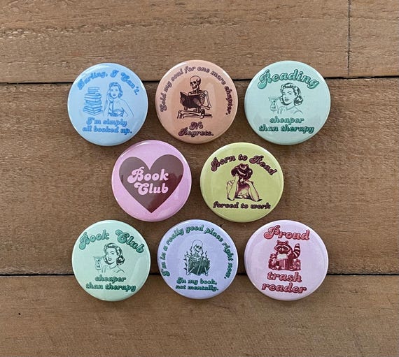 Set of Reading Buttons, Reading Magnets, Bookish Pin, Bookish Magnets, Reading Stocking Stuffers, Book Club Party Favor, Book Club Gift