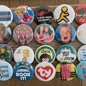 90s Nostalgia Button Pins or Magnets: Retro Party Favors