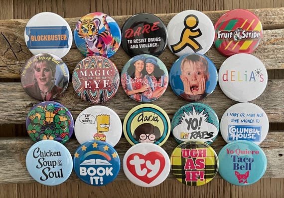 90s Nostalgia Button Pins or Magnets: Retro Party Favors