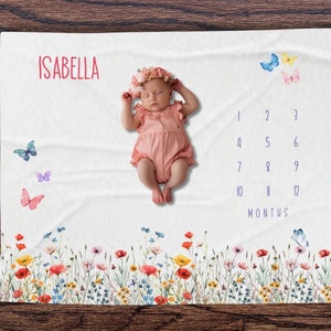 Personalized Baby Girl Milestone Blanket, Wildflower Monthly Age Blanket, Newborn Growth Tracker, Baby Shower Gift, Custom Infant Keepsake