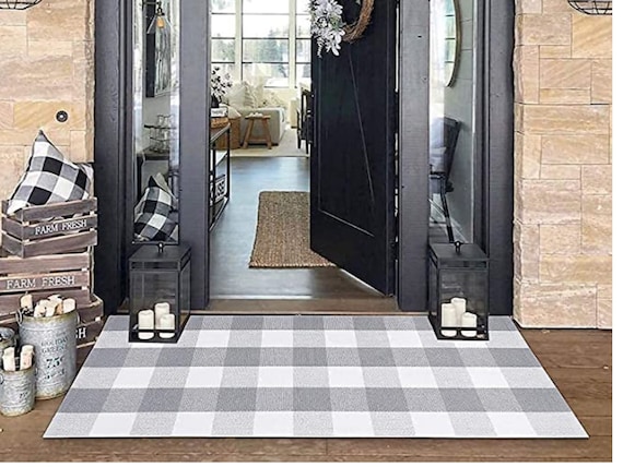 Cotton Buffalo Plaid Rug, 3x5 Black and White Check Outdoor Rug