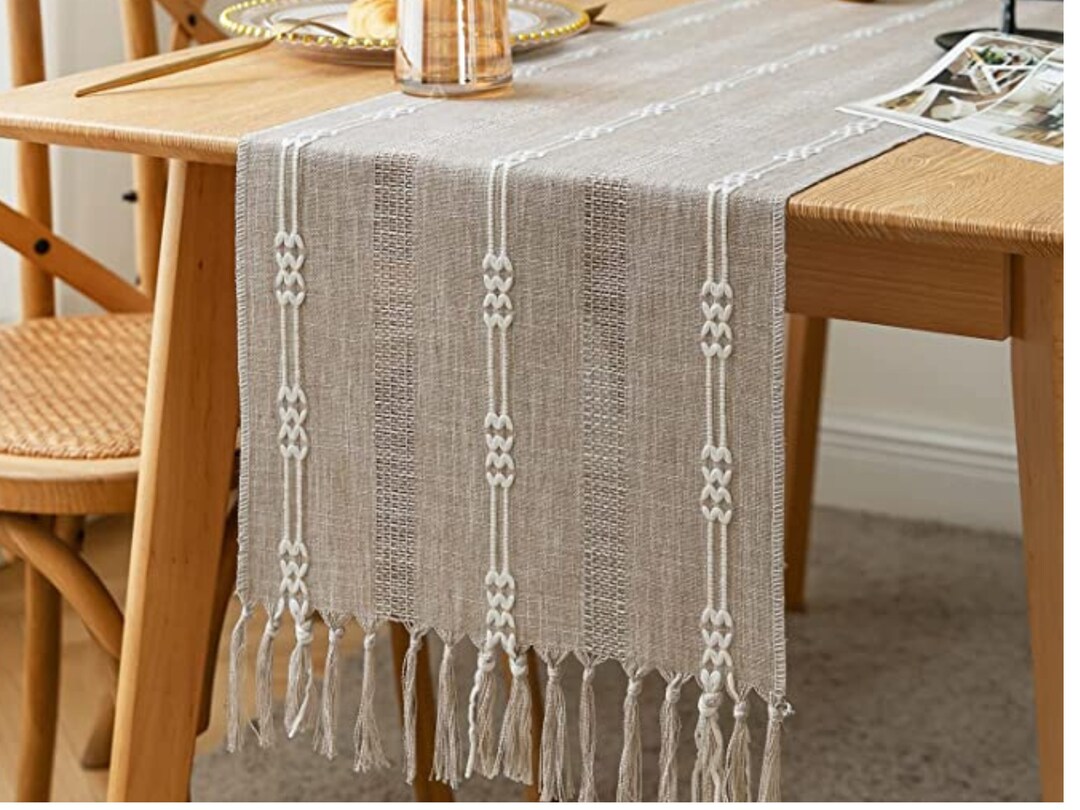 Farmhouse Table Runner - Chicken Pattern, Beige Cotton Blend, Rectangular, USA Made - Customizable