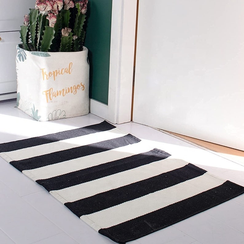 Black and White Striped Outdoor Rug Cotton Woven Rugs for Etsy