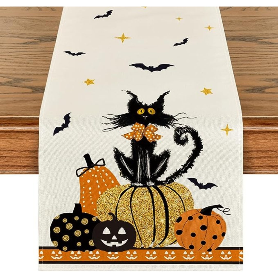 Halloween Table Runner Pumpkins Black Cat Bats Table Runner - Etsy