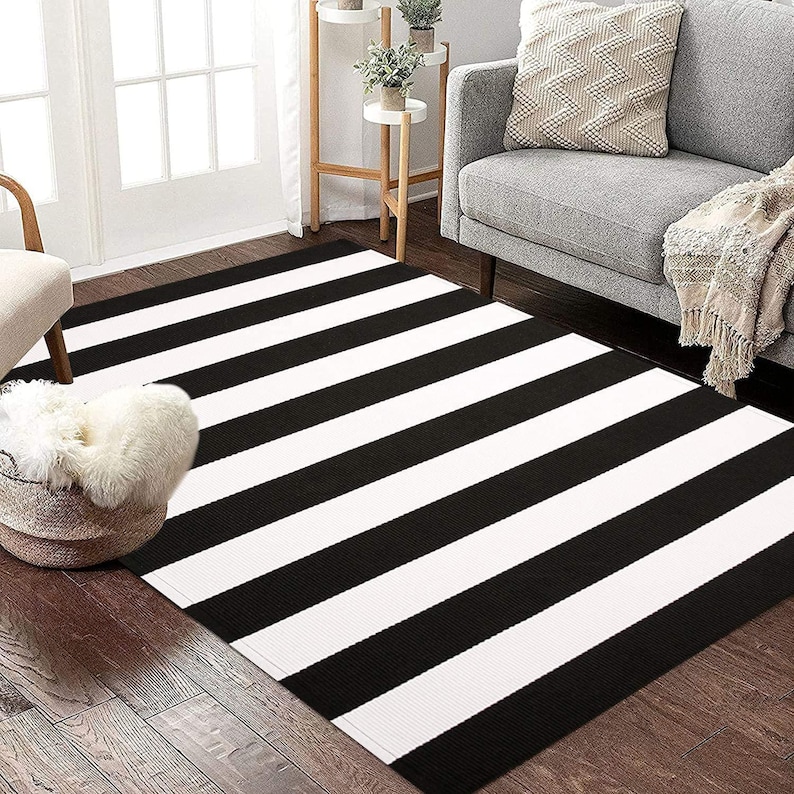 Black and White Striped Outdoor Rug Cotton Woven Rugs for Etsy