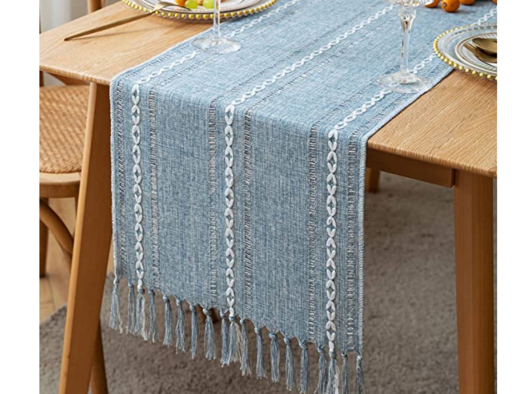 Dusty Blue Table Runner, Farmhouse Table Decor Braided Cotton Linen