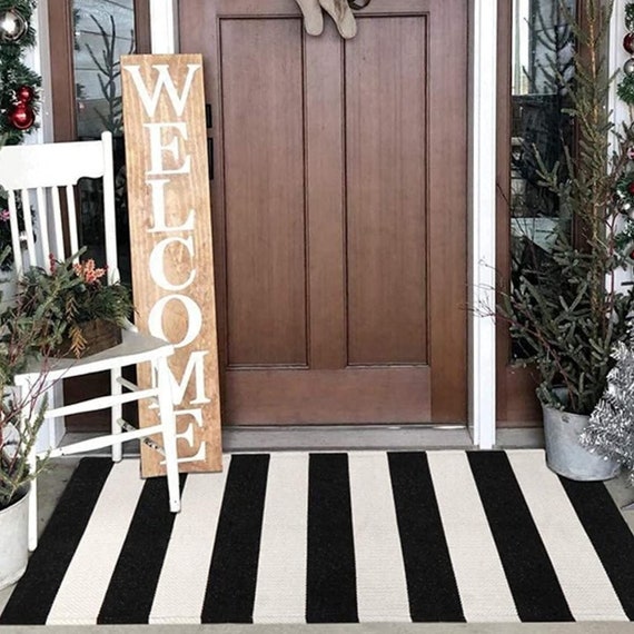 Boho Cotton Woven Area Throw Rugs Runners Layering Front Door Mat Black  White Striped Outdoor Indoor Carpet Bed Kitchen Farmhouse Laundry 