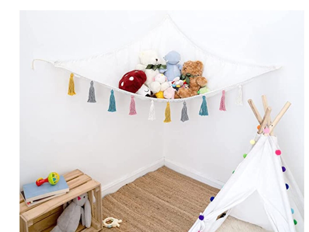Macrame Mesh Toy Storage, Boho Toy Hammock, Animal Hammock, Hanging Wall Toys Organizer for Play