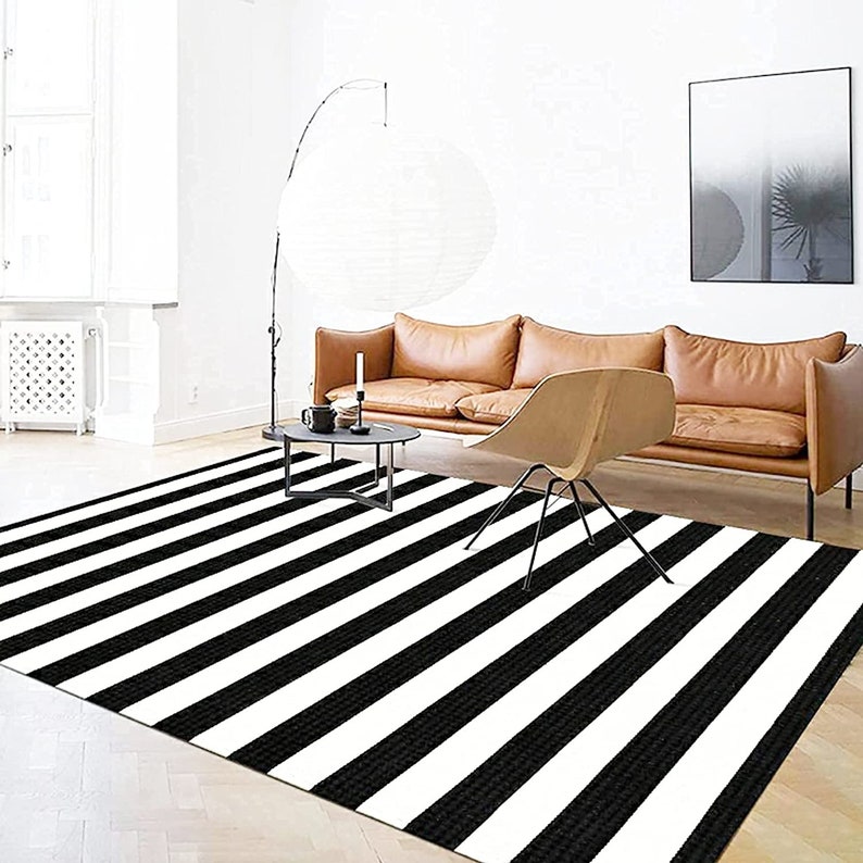 Black and White Striped Outdoor Rug Cotton Woven Rugs for Etsy