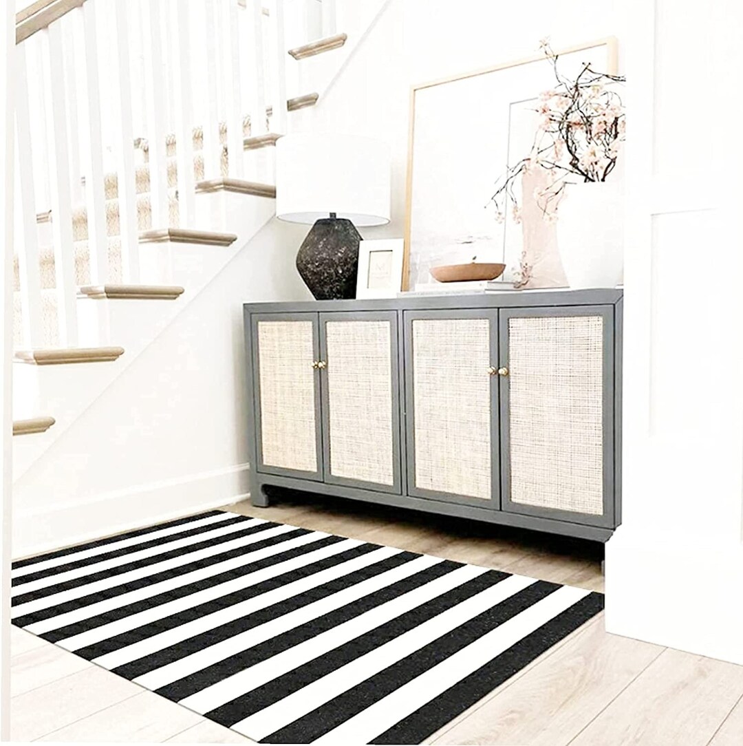 Black and White Striped Outdoor Rug, Cotton Woven Rugs for Front Porch