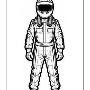 May include: A black and white line drawing of a race car driver wearing a helmet and racing suit. The driver is standing with their arms at their sides. The image is a coloring page for kids.