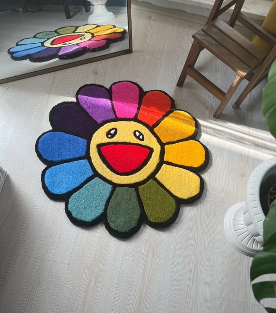 Takashi Murakami Smiley Face Rug, Chair Mat Takashi Murakami Sunflower,  Cool Floor Rug, Carpet Room Doormat Non-Slip, Rainbow Flower Rug