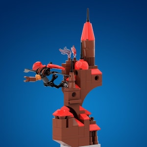 May include: A brown and red Lego castle with a red roof and a white base. A small Lego figure is flying near the top of the castle.