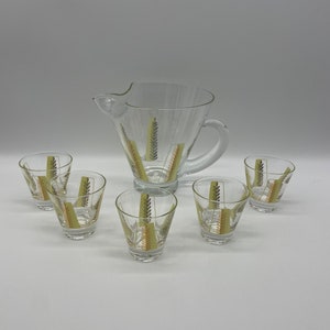 Mid Mod Gold Leaf Wheat Sheaf Pitcher and Mini Old Fashioned Tumblers