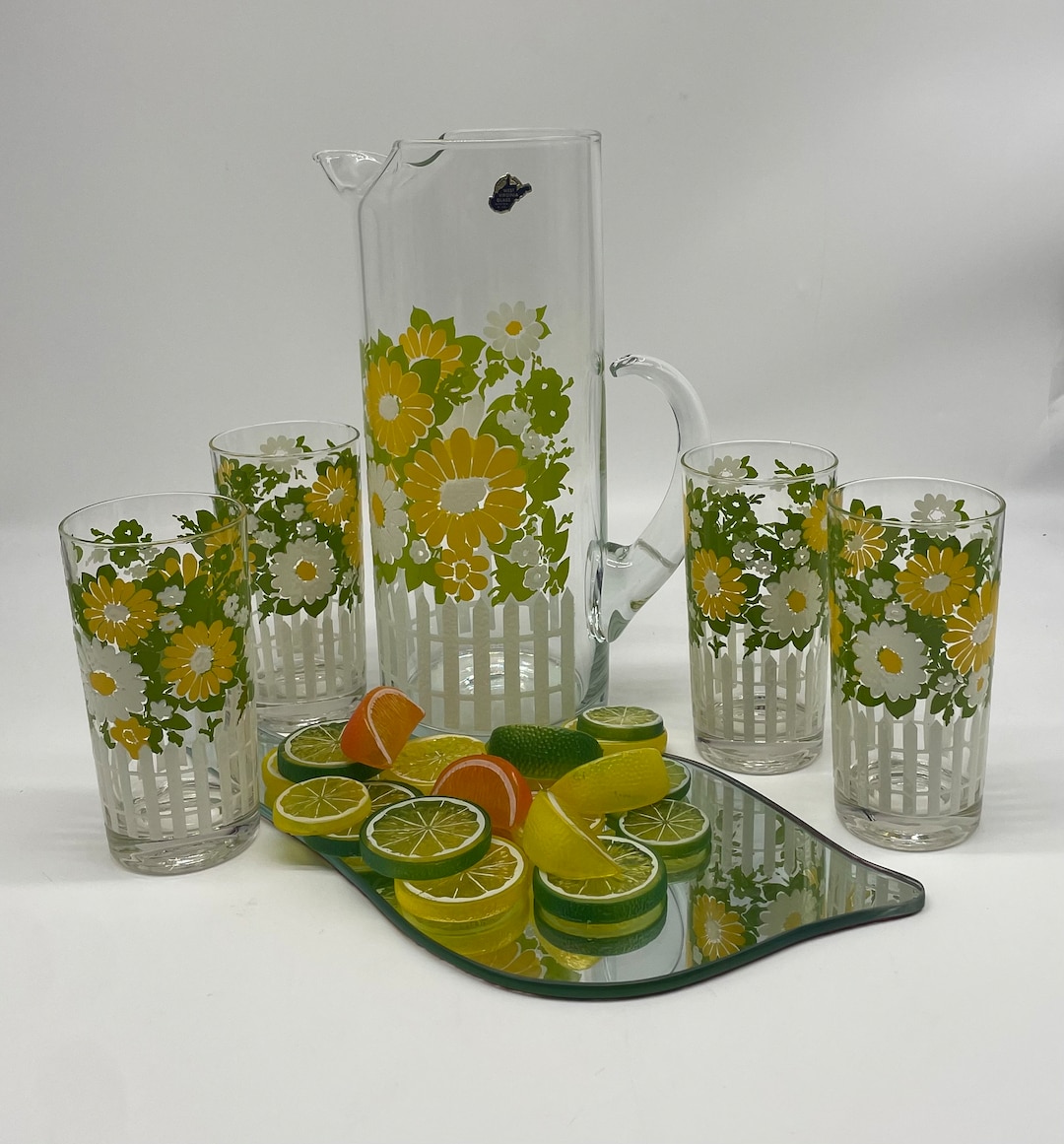 Mid Century West Virginia Picket Fence & Daisy Glass Pitcher Set