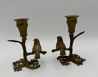 Pair of Brass bird on a branch candlestick holders
