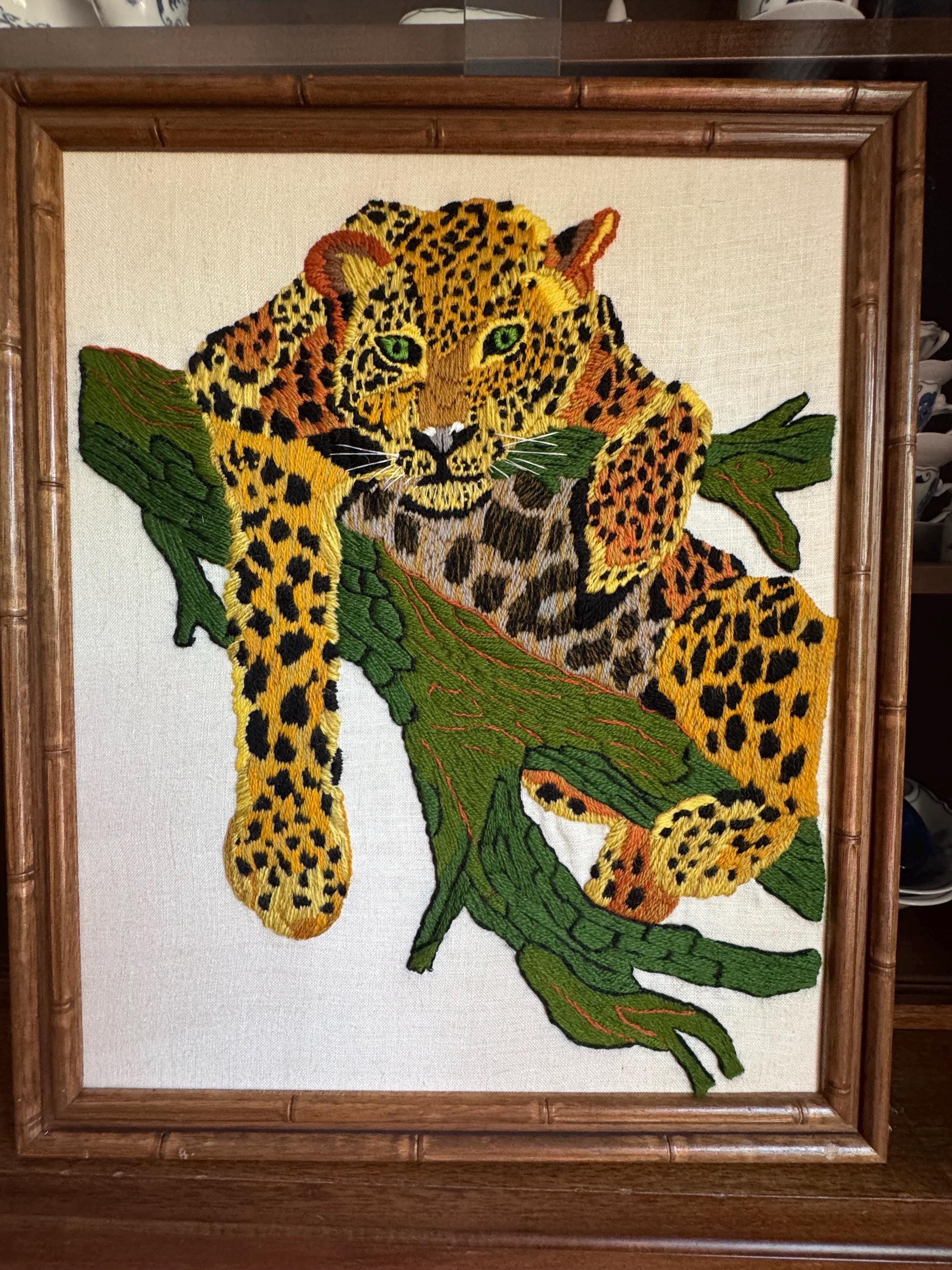 Vintage 70's Leopard in tree Bucilla crewel