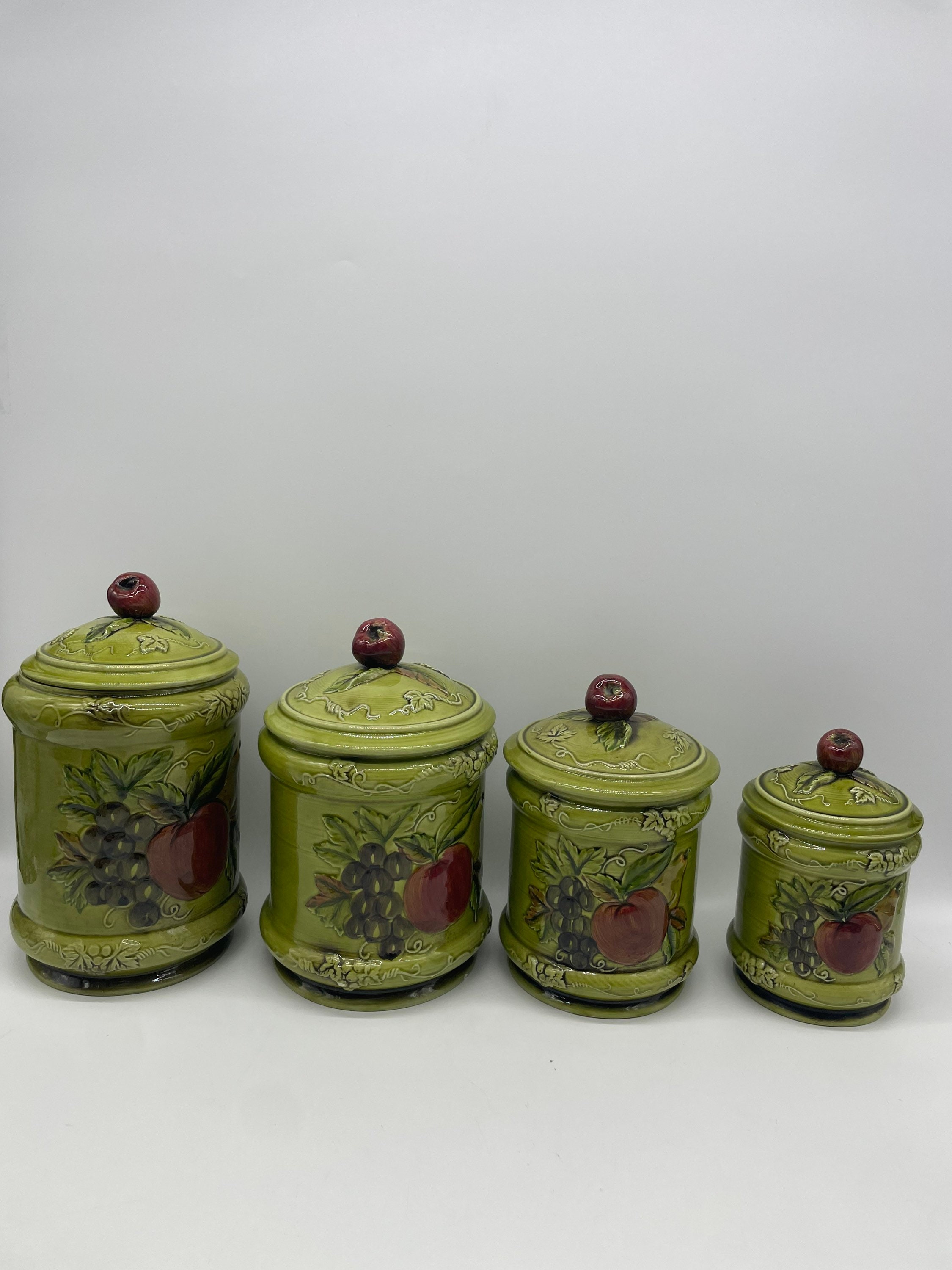 3 Vintage Hand Blown Glass Kitchen Canisters Jars Pewter Tops Fruit Apples  Pear
