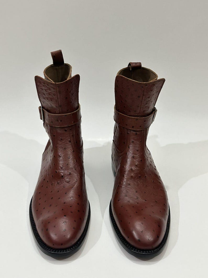 May include: A pair of brown ankle boots featuring a textured ostrich-style leather finish, a rounded toe, a pull tab at the back, and a decorative strap with a metal buckle around the upper shaft, set on a black sole.