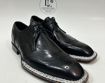 Handmade Leather Shoes Men Handmade Black Leather Brogue Toe Derby Shoes Genuine Leather Formal Goodyear Welted Boots