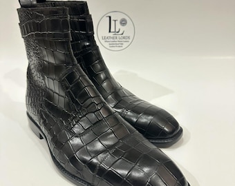 Handmade Leather Shoes Mens Black Crocodile Pattern Leather Boots | Handmade Ankle Boots | Wedding Anniversary Boots Gift for Him