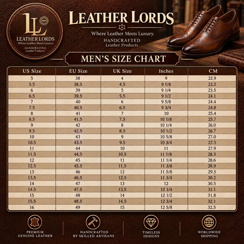 May include: A Leather Lords size chart for footwear featuring a table with US, EU, UK, inch, and cm measurements. The graphic includes the brand logo, text reading Where Leather Meets Luxury, and an image of two brown leather dress shoes.
