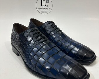 Handmade Leather Shoes Men’s Navy Croc Embossed Leather Lace Up Wholecut Dress Shoes & Luxury Formal Footwear