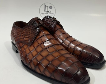 Handmade Leather Shoes Men Mens Handcrafted Brown Alligator Embossed Leather Shoes Textured Luxury Boots