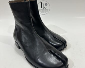 Handmade Black Leather Tabi Boots: Japanese Split Toe Ankle Boots