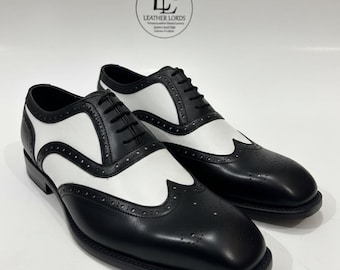 Handmade Leather Shoes Mens Black and White Spectator Wingtip Oxfords Men's Dress Shoes
