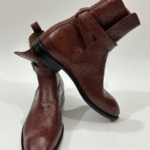 May include: A pair of brown ankle boots featuring a textured ostrich-style leather finish with a distinct quill pattern. Each boot includes a wrap-around strap with a metal buckle, a pull tab at the heel, and a solid black sole and heel.