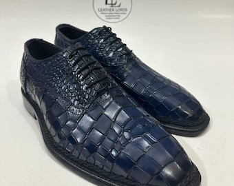Handmade Leather Shoes Mens Blue Alligator Embossed Oxford Leather Shoes Textured Luxury Boots