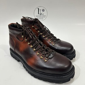 Handmade Men Brown Leather Hiking Boots | Mens Formal Round Toe Boots | Lace-Up Shoes | Custom Size Leather Oxford | Dress Formal Party Wear