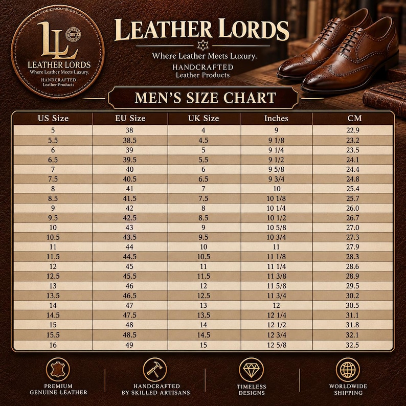 May include: A Leather Lords size chart for footwear featuring a table with US, EU, UK, inch, and cm measurements. The graphic includes the brand logo, text reading Where Leather Meets Luxury, and an image of two brown leather dress shoes.