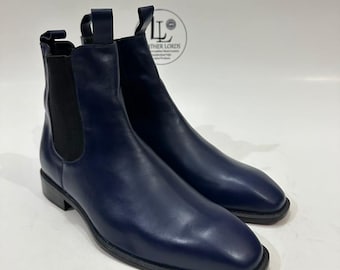 Handmade Leather Boots Men Handmade Men's Navy Blue Leather Chelsea Boots, Sleek Slip-On Ankle Boots, Formal Dress Boots for Him