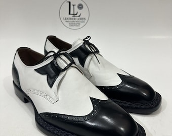 Handmade Leather Shoes Men Handmade Norwegian Welted Wingtip Men's Dress Shoes Black & White Part Shoes