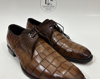 Handmade Leather Shoes Men Mens Handcrafted Brown Alligator Embossed Leather Shoes Textured Luxury Shoes