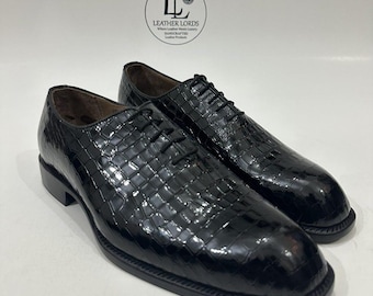Handmade Leather Shoes Mens Black Crocodile Embossed Leather Wholecut Dress Shoes