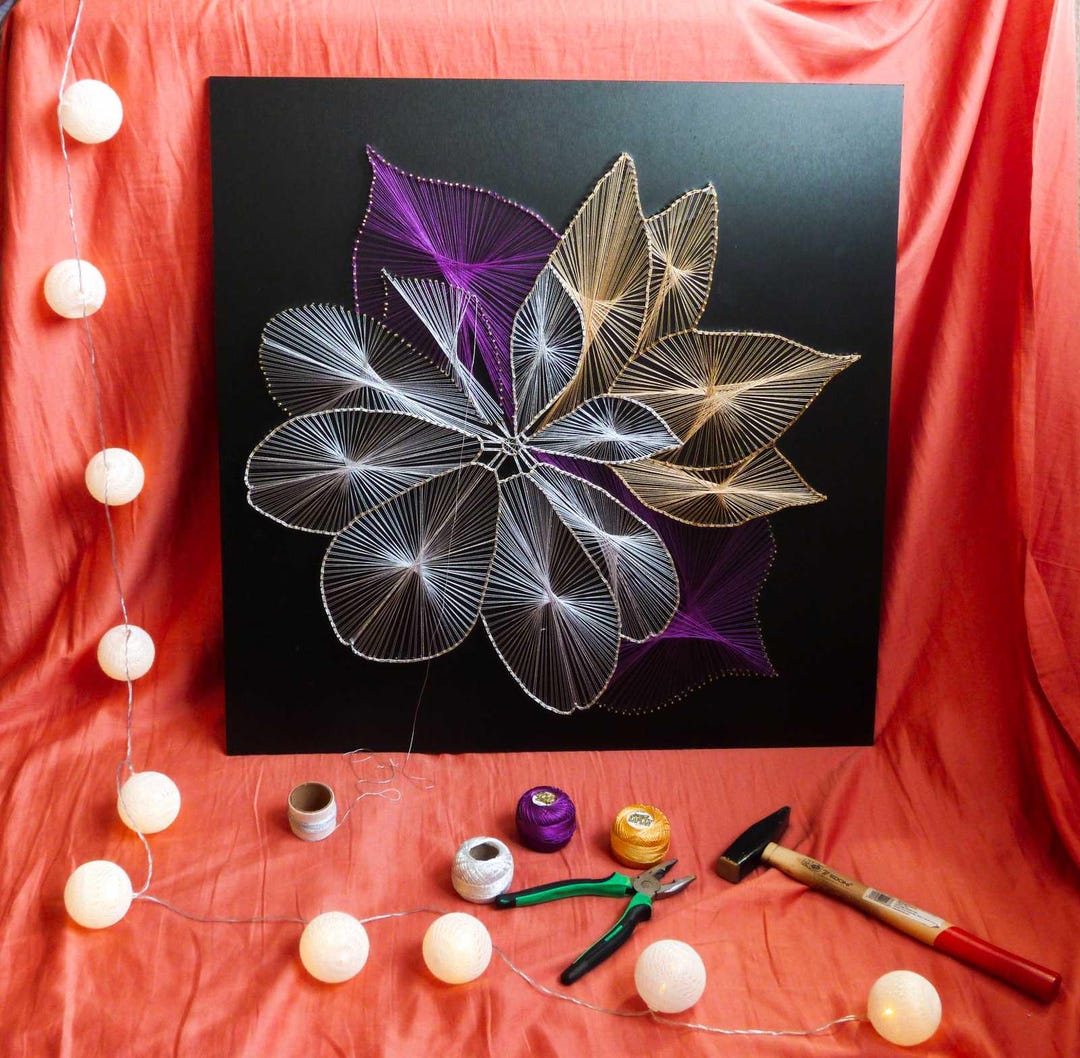 Floral String Art Wall Decor – Handmade Flower Design on Black Wooden ...