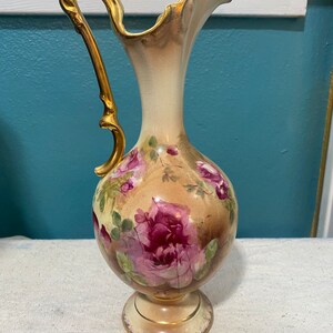 Antique Thomas Forester & Sons Ltd Flower gold trim Porcelain Ewer vase