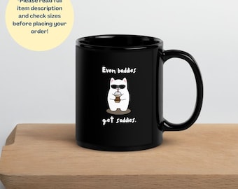 「悪者でも悲しむ」猫のミーム付きブラックコーヒーマグ | メンタルヘルスマグ | セラピーマグ | 面白いカウンセリングギフト | 親友へのギフト