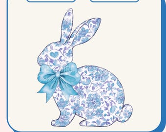Happy Easter PNG,Coquette Toile Bunny,Easter Bunny Png,Blue Floral Chinoiserie Bunny Png,Easter Coquette Png,Floral Spring Png,Spring Season