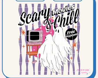 Scary Movies and Chill, Ghost png Halloween Png,Haunted Motel Png, Pumpkins Png, Fall Design, Tis the Season,  (Digital Download)