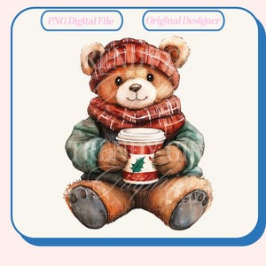 May include: A watercolor illustration of a brown teddy bear wearing a red and black plaid hat and scarf, holding a red and white holiday-themed cup of hot chocolate.