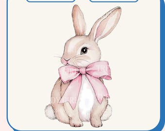 May include: A watercolor illustration of a brown bunny rabbit wearing a pink bow. The bunny is sitting on a white background.