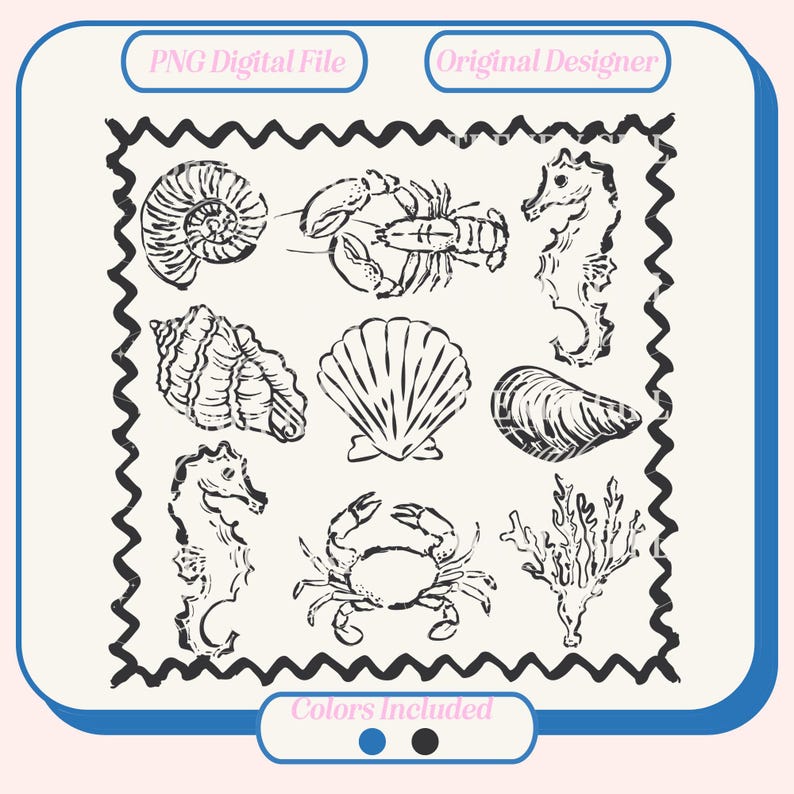 May include: A set of black and white illustrations of sea life, including a seashell, a crab, a seahorse, a lobster, and coral. The illustrations are in a simple, hand-drawn style.