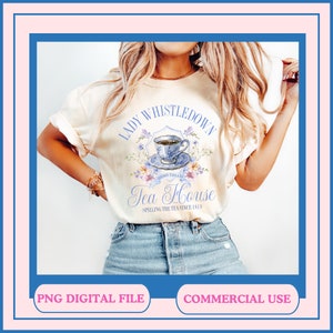 May include: A cream colored t-shirt with a graphic design of a teacup and flowers. The text on the shirt reads "Lady Whistledown Tea House, Bridon England, Spilling the Tea Since 1813".