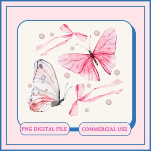 May include: Two watercolour butterflies with pink and white wings, surrounded by pink ribbons and white dots on a white background. The text "PNG DIGITAL FILE" and "COMMERCIAL USE" is at the bottom of the image.